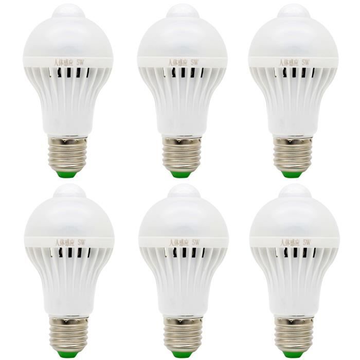 6X E27 Ampoule Detecteur de Mouvement 5W PIR Ampoule LED 12 SMD