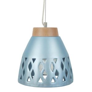 PÓVOA-BI Lustre - suspension céramique, diam?tre 25,5 cm,trous losange, bleu argent, top bois