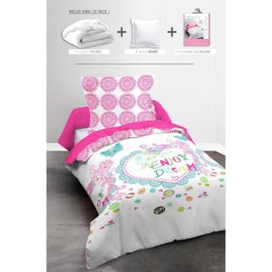 TODAY Pack Linge de lit enfant HEART GIRL : 1 couette 140x200cm + 1 oreiller 60x60cm + 1 Parure de couette Happy (1 housse + 1 taie)