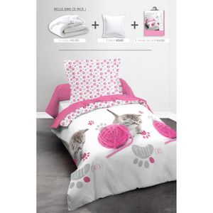 TODAY Pack Linge de lit enfant CUTE CAT : 1 couette 140x200cm + 1 oreiller 60x60cm + 1 Parure de couette Happy (1 housse + 1 taie)