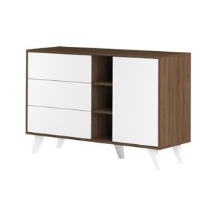 OSLO Buffet - Noyer - 1 porte - 3 tiroirs - 3 niches - Pieds inclinés en h?tre massif laqué blanc mat