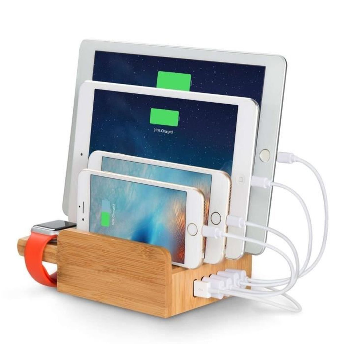 Upow Station de Recharge 5 Ports USB en Bamboo MultiDevice Charging