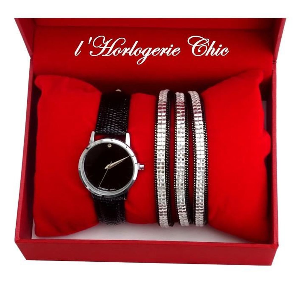 COFFRET IDÉE CADEAU FEMME MONTRE PARURE NOIR + BRACELET TRIPLE TOUR