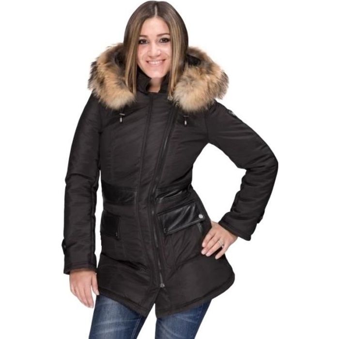 Doudoune femme avec capuche fourrure et cuir NOIR Noir NOIR  Achat