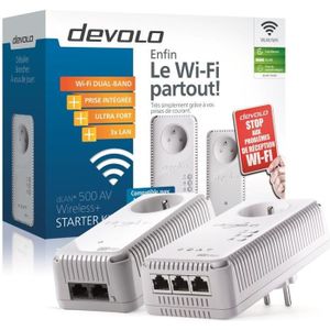 Devolo dLAN 500 AV Wireless+ CPL Wi-Fi 500 Mbit/s - 3 ports Fast Ethernet - Prise Intégrée - Kit de démarrage (x2)