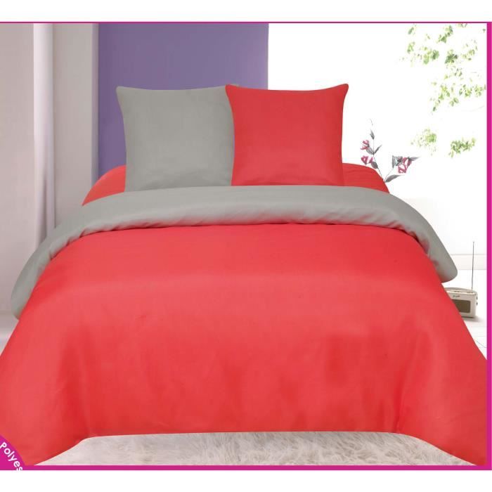 HOUSSE DE COUETTE - ROUGE ET GRIS - BICOLORE "TENDRE NUIT" - 2 PLACES