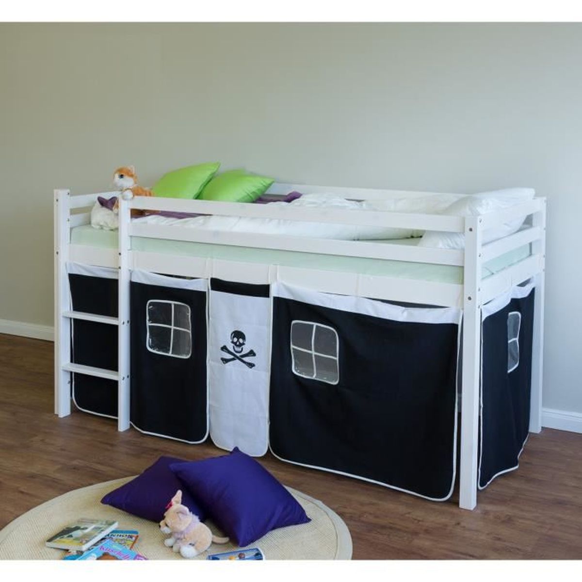 Lit enfant mezzanine en pin avec rideau pirate 90x200 cm achat ...