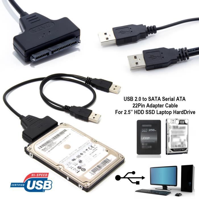 USB 2.0 vers SATA Série ATA 22 Pin Câble Adaptateur pour 2.5 " HDD SSD Disque dur Ordinateur