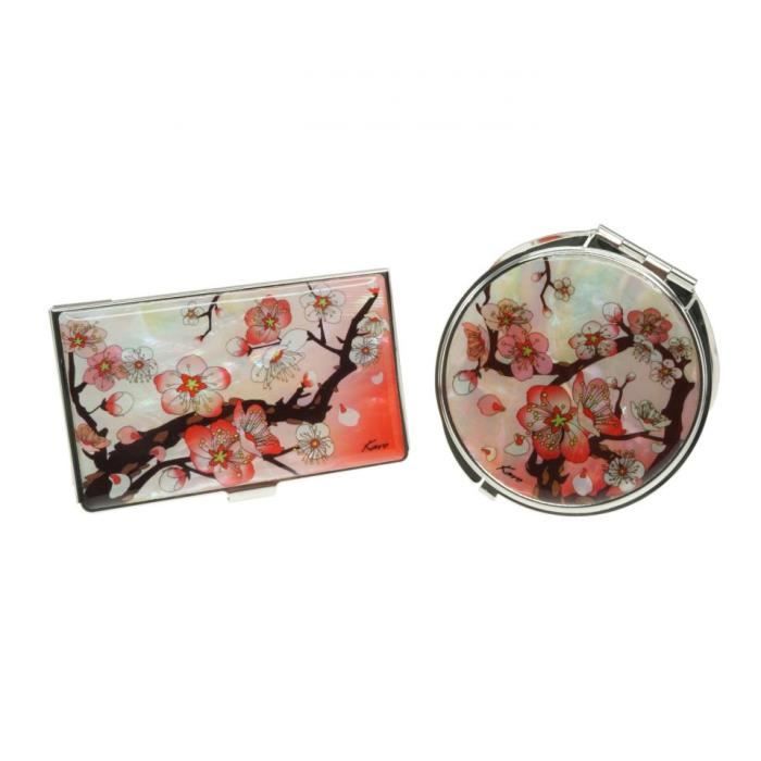 Cadeau pour couple : Miroir de poche et Porte carte Fleurs de Cerisier