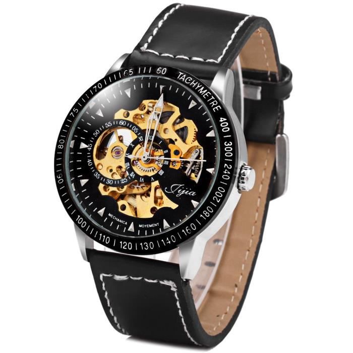 Montre Mécanique Homme mécanique à remontage automatique creuxout cadran rond bracelet en cuir