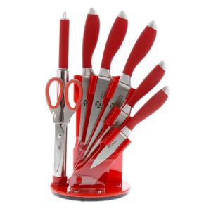 PRADEL EXCELLENCE Bloc tournant de 5 couteaux de cuisine + fusil et ciseau I7408R 2,5-8,5-11-20cm rouge