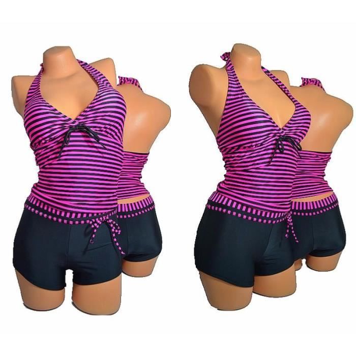 MAILLOT DE BAIN FEMME TANKINI SHORTY MARIN ROSE FLUO/NOIR Noir NOIR