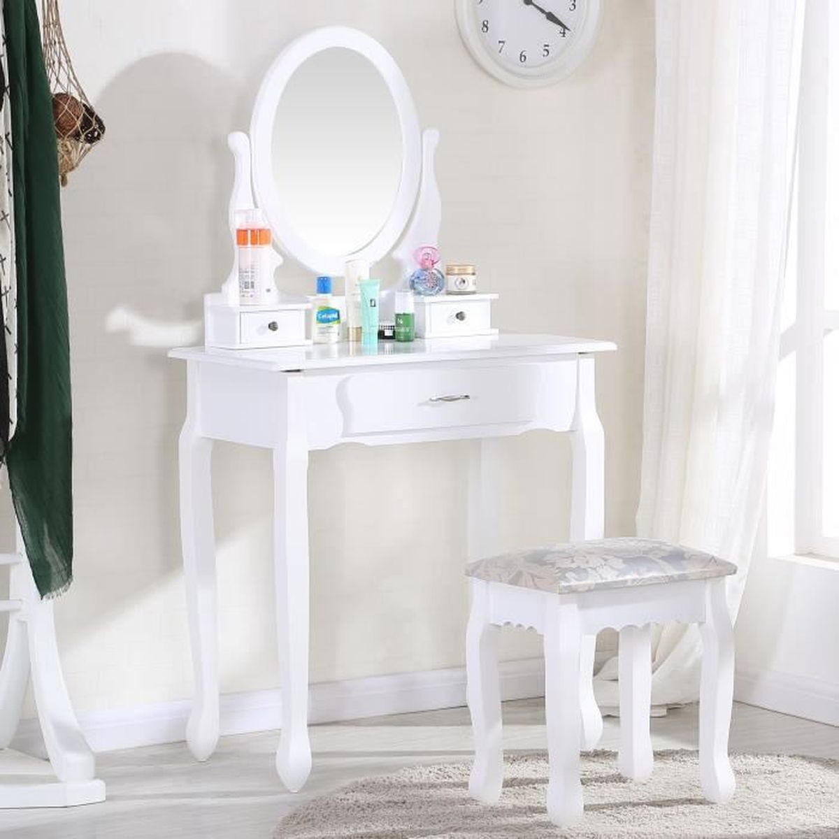 Coiffeuse table de maquillage blanche avec tabouret , miroir ovale ...