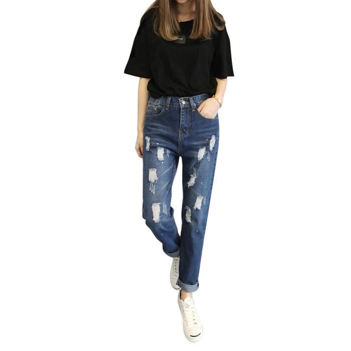 Pantalon sarouel en jean femme sexy taille haute troué avec zippée bouton