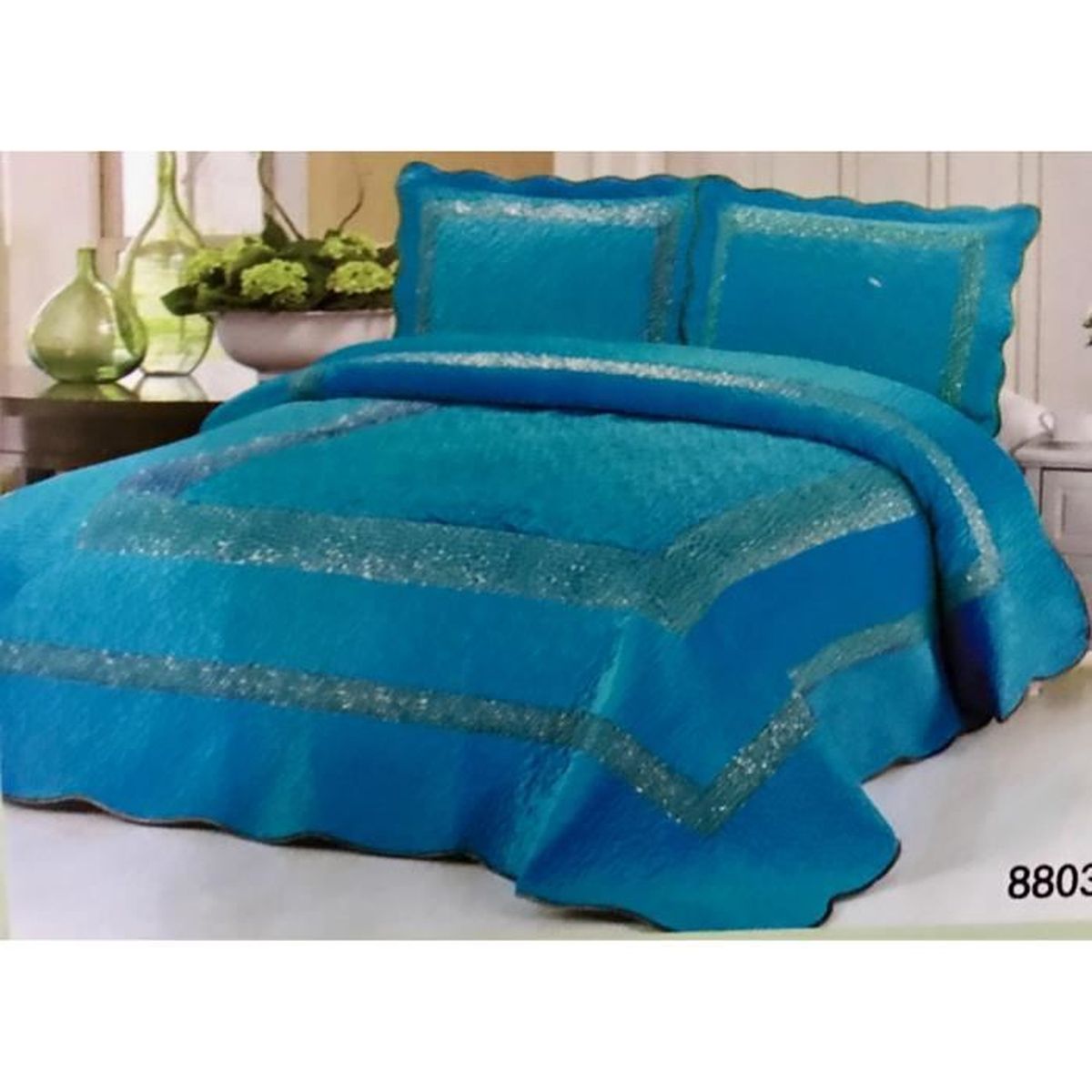 Couvre lit boutis Strass 3 pièces 2 personnes 230X250 cm turquoise