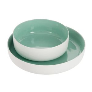 JOLIPA 2 Plats en céramique 30x6 cm et 21X7 cm - Bleu menthe et blanc