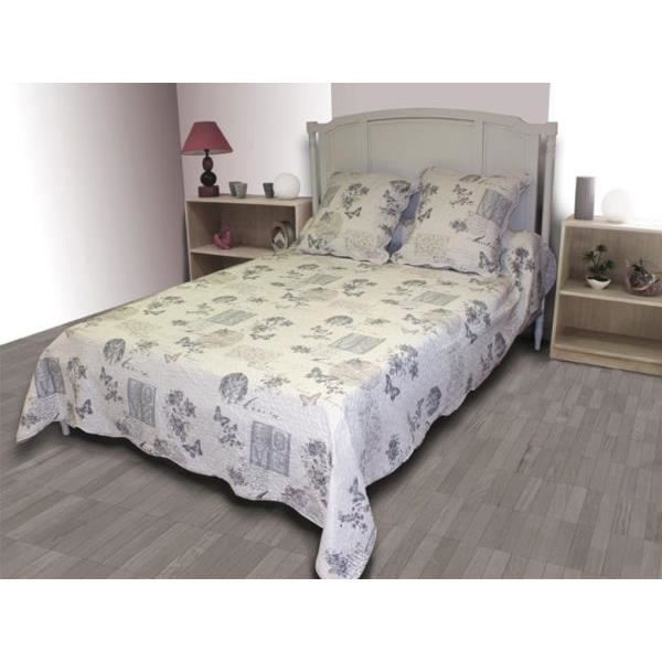 Couvre-lit Boutis Matelassé 220x240 Cm - Microfibre - Avec 2 Taies D'oreiller 65x65 Cm - Gris/Rose/Vert - 9
