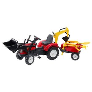 FALK Tractopelle Ranch Trac Avec Selle Tournante Et Excavatrice + Remorque Brouette Avec Pelle, Rateau & Arrosoir