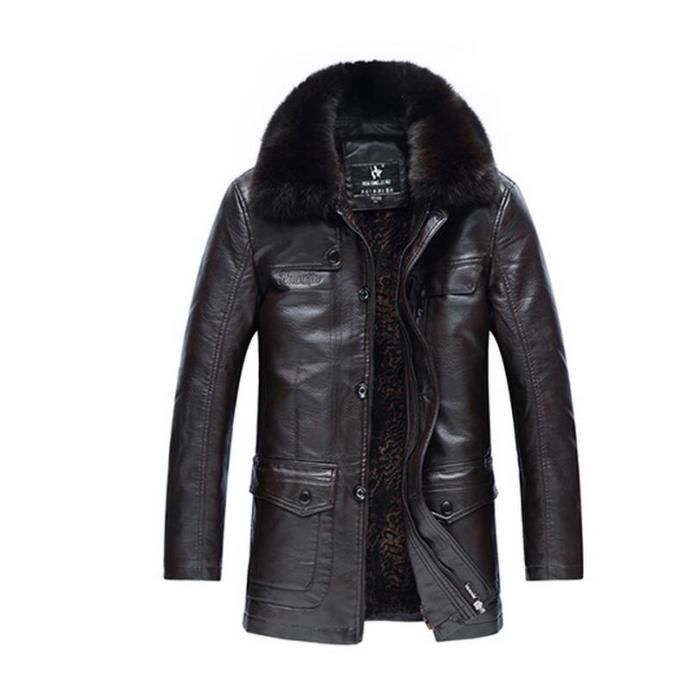 F.M.Q Manteau PU cuir classique homme courte fourrure chaud Marron
