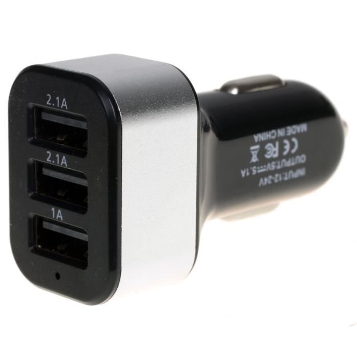 Argent Chargeur Voiture 3 Port USB 12V 24V vers 5V 2,1A 1A pour iPad