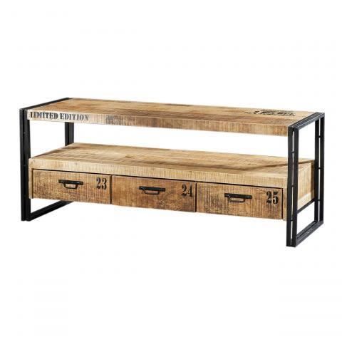 Meuble TV 3 tiroirs acacia massif fer noir Achat / Vente meuble tv