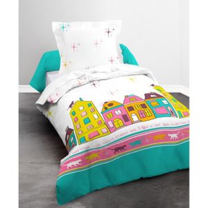 TODAY Parure de couette Happy Nuit Chat 100% coton - 1 housse de couette 140x200 cm + 1 taie d'oreiller 63x63 cm blanc, rose et vert