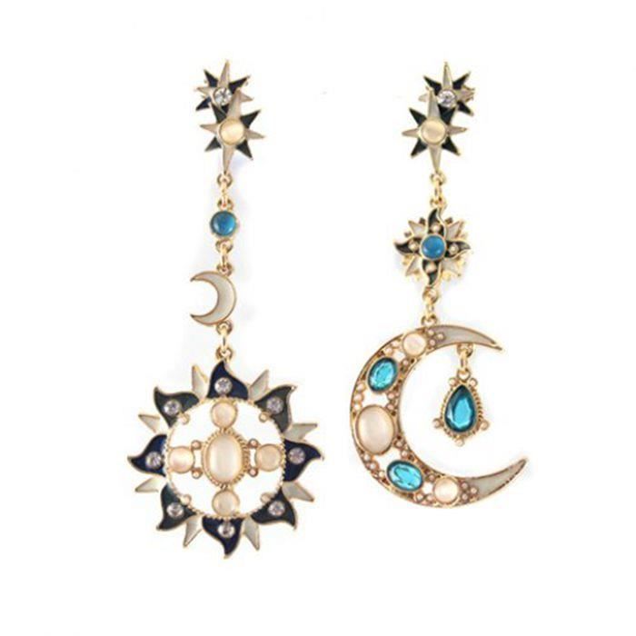 2pcs Boucles D'oreilles Pendantes Asymétriques En Alliage Avec Motif Soleil Et Lune Bohème Cadeau De Bijoux De Fête G 601099576127813