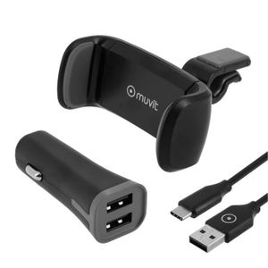 MUVIT Support Voiture GRIP 360 ROTULE 80MM+CAC 2USB 2,4A+TYPE C