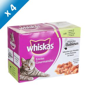 WHISKAS Envies Gourmandes - Sélection de viandes (poulet et boeuf) et de poissons (saumon et truite) - pour chat - 12x85g (x4)