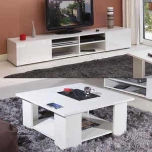 LIME Salon complet coloris blanc brillant 2 pi?ces 1 meuble TV 185cm + 1 table basse carrée