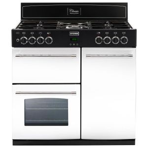 STOVES PSTGOUR90DFTW -Piano de cuisson table gaz-5 br?leurs-Four électrique 3 cavités-Chaleur ventilée-62-91-35L-A-Blanc