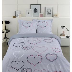 VISION Parure de couette VALENTINE 100% Coton - 1 housse de couette 220x240cm + 2 taies d'oreillers 65x65cm - Gris et rose