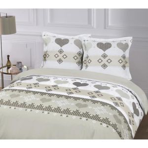 VISION Parure de couette 100% coton Clara - 1 housse de couette 220x240 cm + 2 taies d'oreillers 65x65 cm beige et blanc