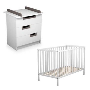 ATELIERS T4 Lit Bébé ? Barreaux 60x120 cm + Commode ? Langer Laquée Blanc et Taupe