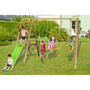 Balancoire portique en bois amca avec toboggan et 3 agrès Balancoire portique en bois amca avec toboggan et 3 agrès