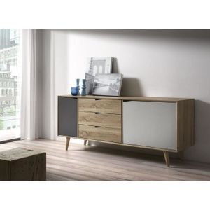 SVENSKA Bahut scandinave pieds en bois massif gris, bois et blanc - 149 cm
