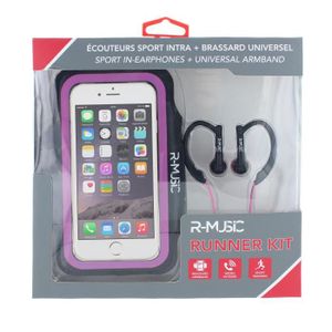 R-MUSIC Runner Kit - Ecouteurs intra-auriculaires filaires + Brassard universel pour smartphone - Rose