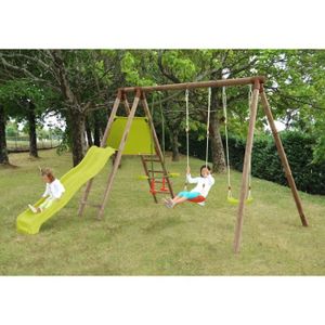 Balancoire portique en bois soulet fargo avec toboggan et 3 agrès l. 340 m p. 345 m h. 235 m Balancoire portique en bois soulet fargo avec toboggan et 3 agrès l. 340 m p. 345 m h. 235 m