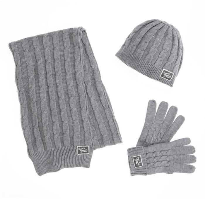 Lot Echarpe, bonnet et gants, 100 % acrylique, gris. Torsades et