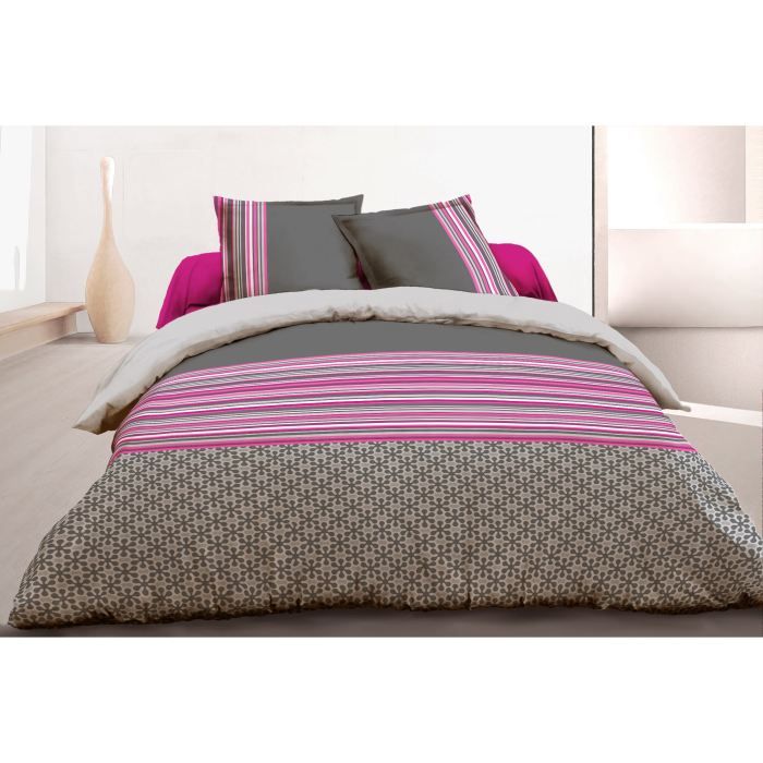 Parure De Lit Réversible Ginko Beige Vision - Housse De Couette 240x220 Cm + 2 Taies
