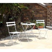 SALON DE JARDIN  Ensemble 1 table et 2 chaises bistro acier blanc