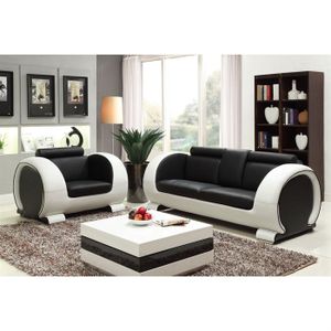 SALON COMPLET AUSTIN Canapé+fauteuil cuir vachette noir / blanc SALON COMPLET AUSTIN Canapé+fauteuil cuir vachette noir / blanc