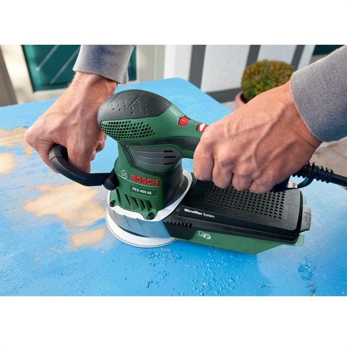 Ponceuse excentrique filaire BOSCH PEX 400 AE (350W, livrée avec coffret de rangement, 1 paper assistant, 1 papier abrasif G 80)