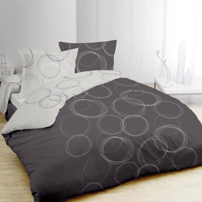 VISION Parure de couette Lenny - 100% coton - 1 housse de couette 260 x 240 cm + 2 taies 65 x 65 cm - Gris anthracite