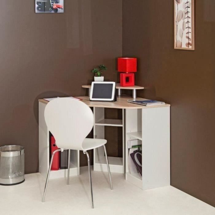 SYMBIOSIS Bureau d'angle contemporain blanc et décor chene - L 94 cm - BOBBY