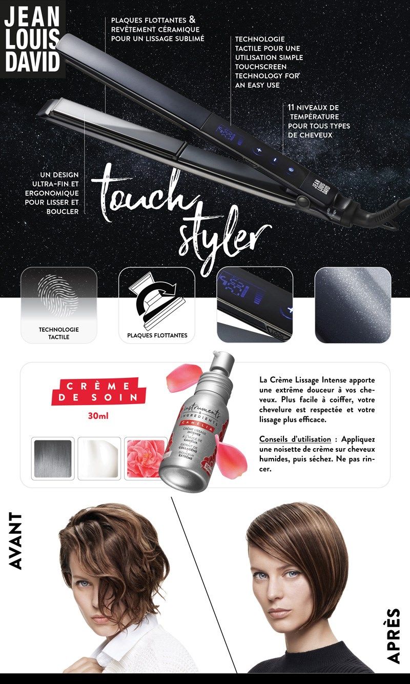 JEAN LOUIS DAVID Touch Styler 39999 - Lisseur tactile futuriste - Céramique - Plaques flottantes - 11 Températures - Gris irrisé