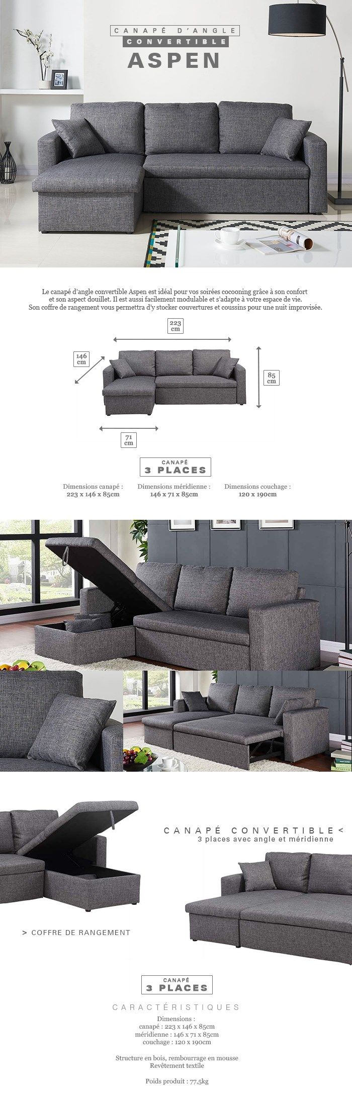 Canapé d'angle réversible convertible 3 places - Tissu gris chiné - Contemporain