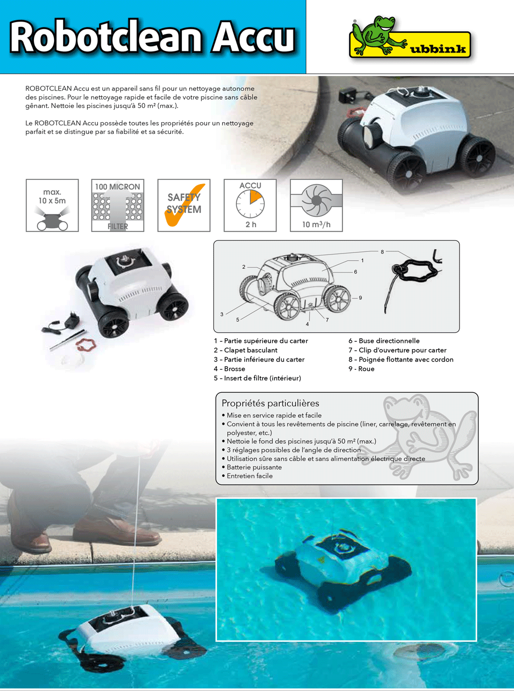 UBBINK Nettoyeur de piscine sur batterie Robotclean Accu pour piscines jusqu'à 50m²