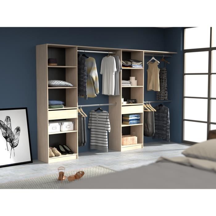 EKIPA Dressing extensible - 2 colonnes avec 2 tiroirs et 10 étageres + 4 penderies - Décor chene - L 320 x P 40 x H 200 cm - DUO