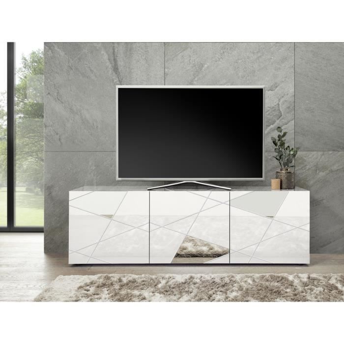 Meuble TV - Blanc laqu? brillant avec s?rigraphie miroir - L181 x P43 x H57 cm - VICTORY
